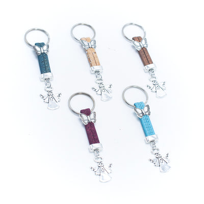 colored cork cord and Angel pendant handmade cork keychain  I-06-MIX-10