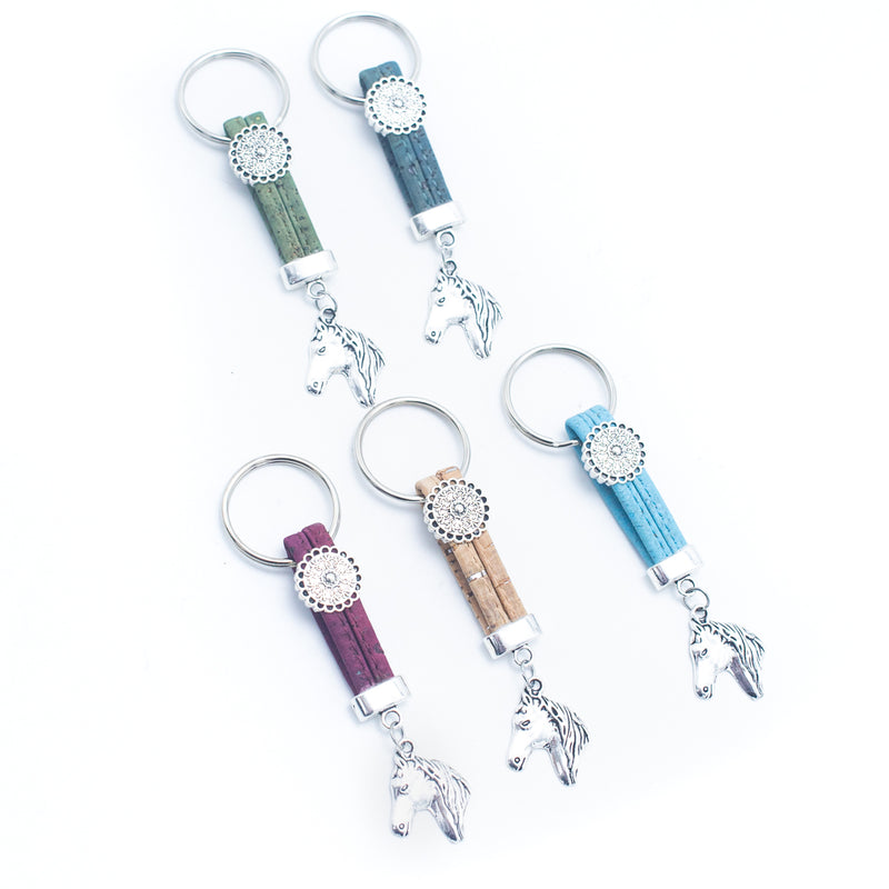 colored cork cord and horse pendant handmade cork keychain  I-05-MIX-10