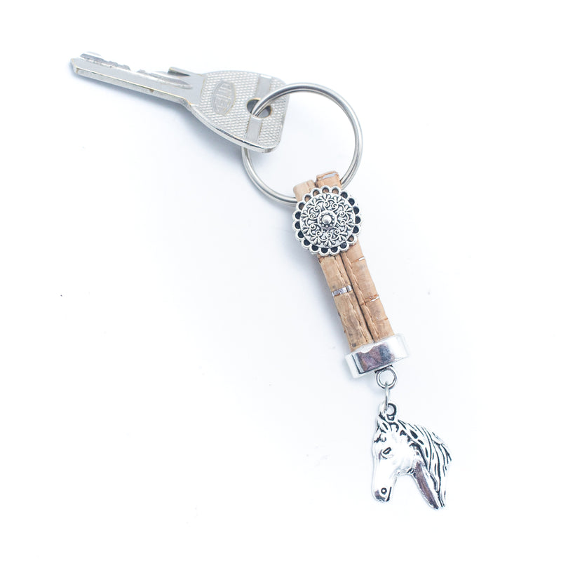 colored cork cord and horse pendant handmade cork keychain  I-05-MIX-10