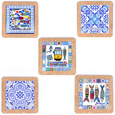 Traditional Portuguese Azulejo Ceramic Tile Coaster on Cork Base L-1059-MIX-5(5units)