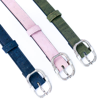 Women’s Slim Cork Belt with Textured Silver Buckle L-1063