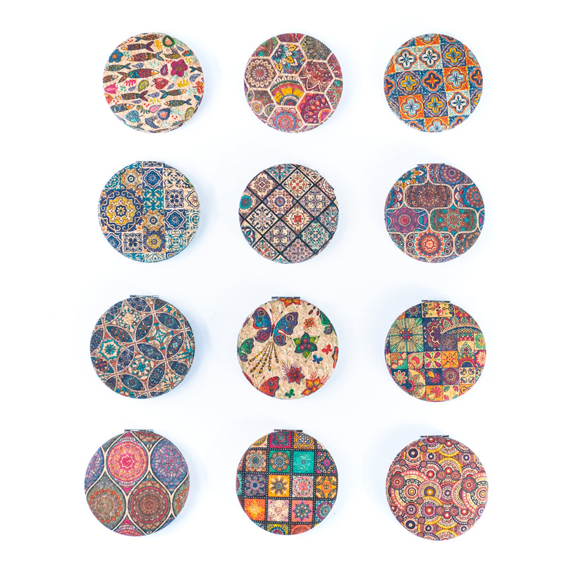 Round Cork Compact Mirror with Floral Design L-1082-MIX-12(12units)