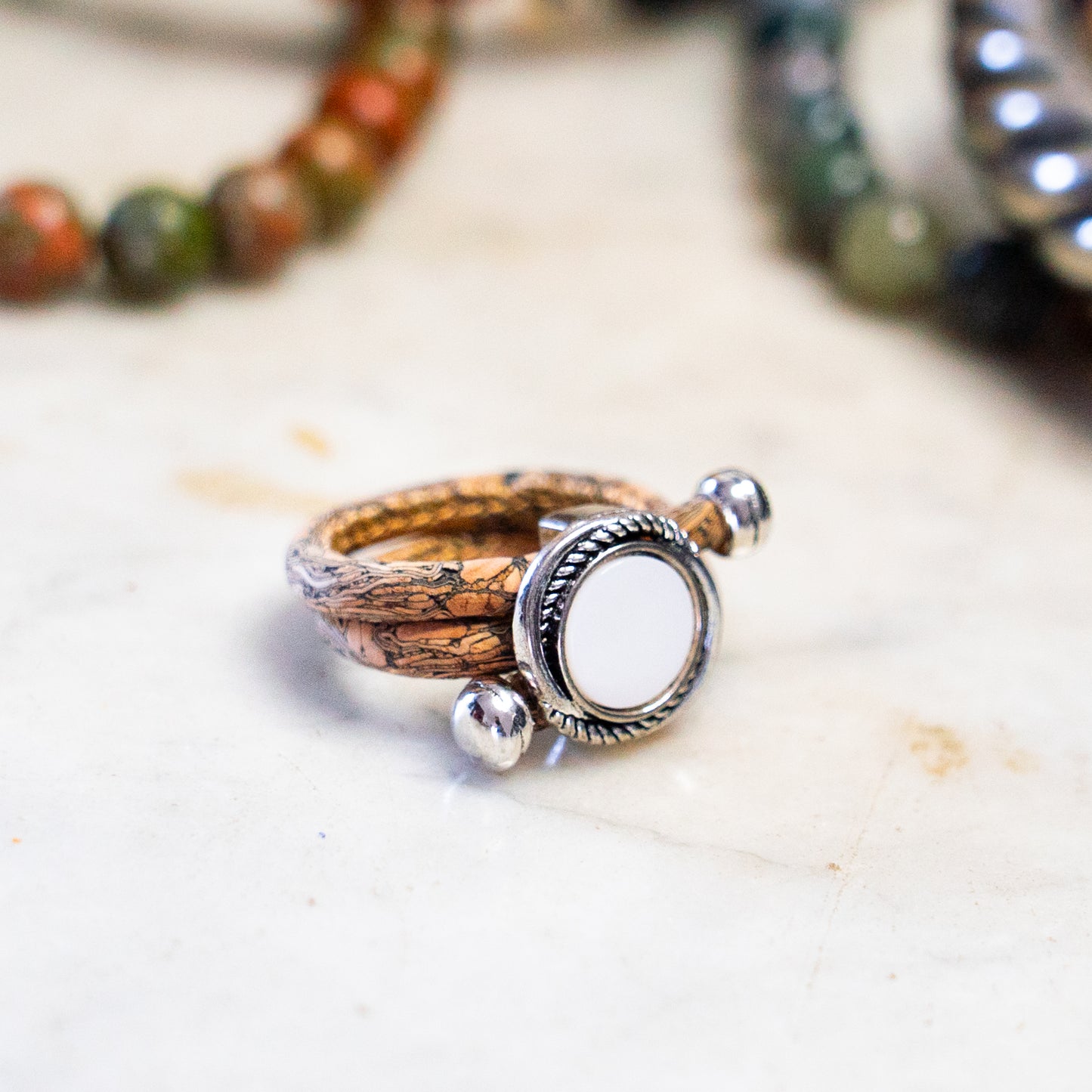 Natural Cork Adjustable Ring with Shell Center  RW-035-B-10