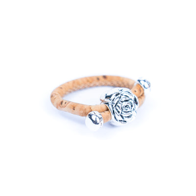 3mm Round Natural Cork Wire with rose accessories Handmade Women's Ring  RW-037-10