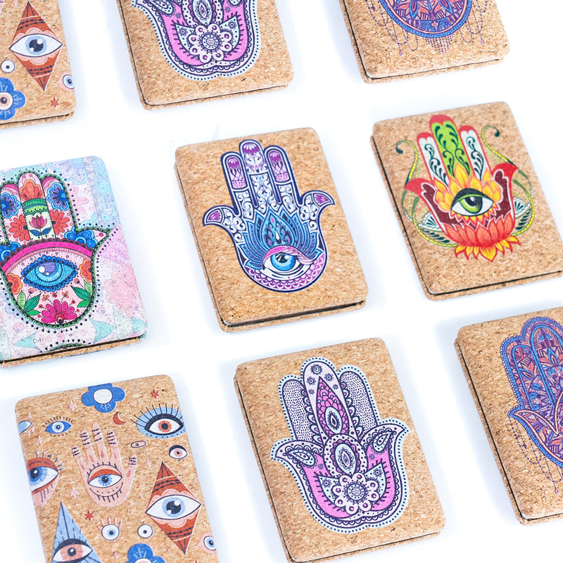 Rectangular Cork Compact Mirror - Hamsa & Eye Design (12-Pack)