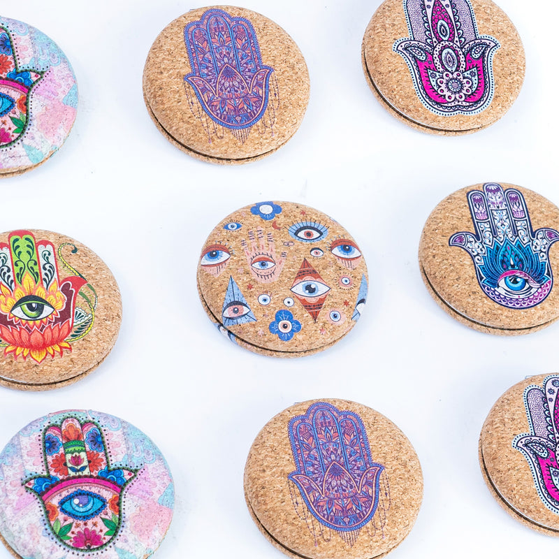 Round Cork Compact Mirror - Hamsa & Eye Design (12-Pack)L-1091