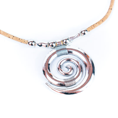 3mm natural color round cork wire and alloy spiral pendant handmade necklace NE-1031-5