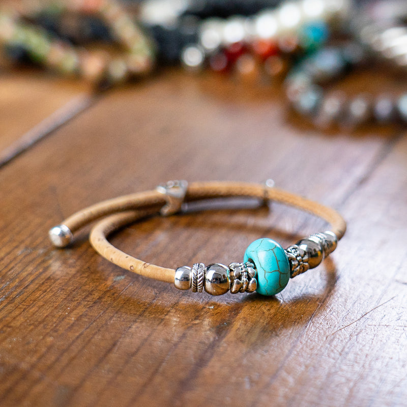 Natural cork thread and colorful turquoise beads handmade women&