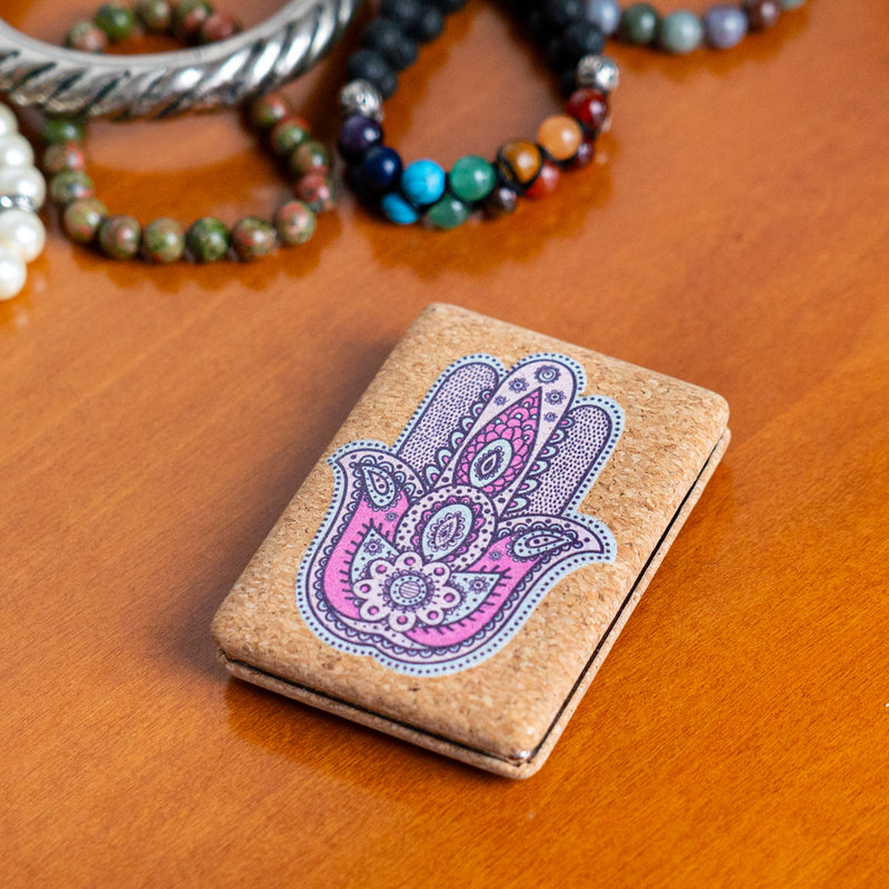 Rectangular Cork Compact Mirror - Hamsa & Eye Design (12-Pack)