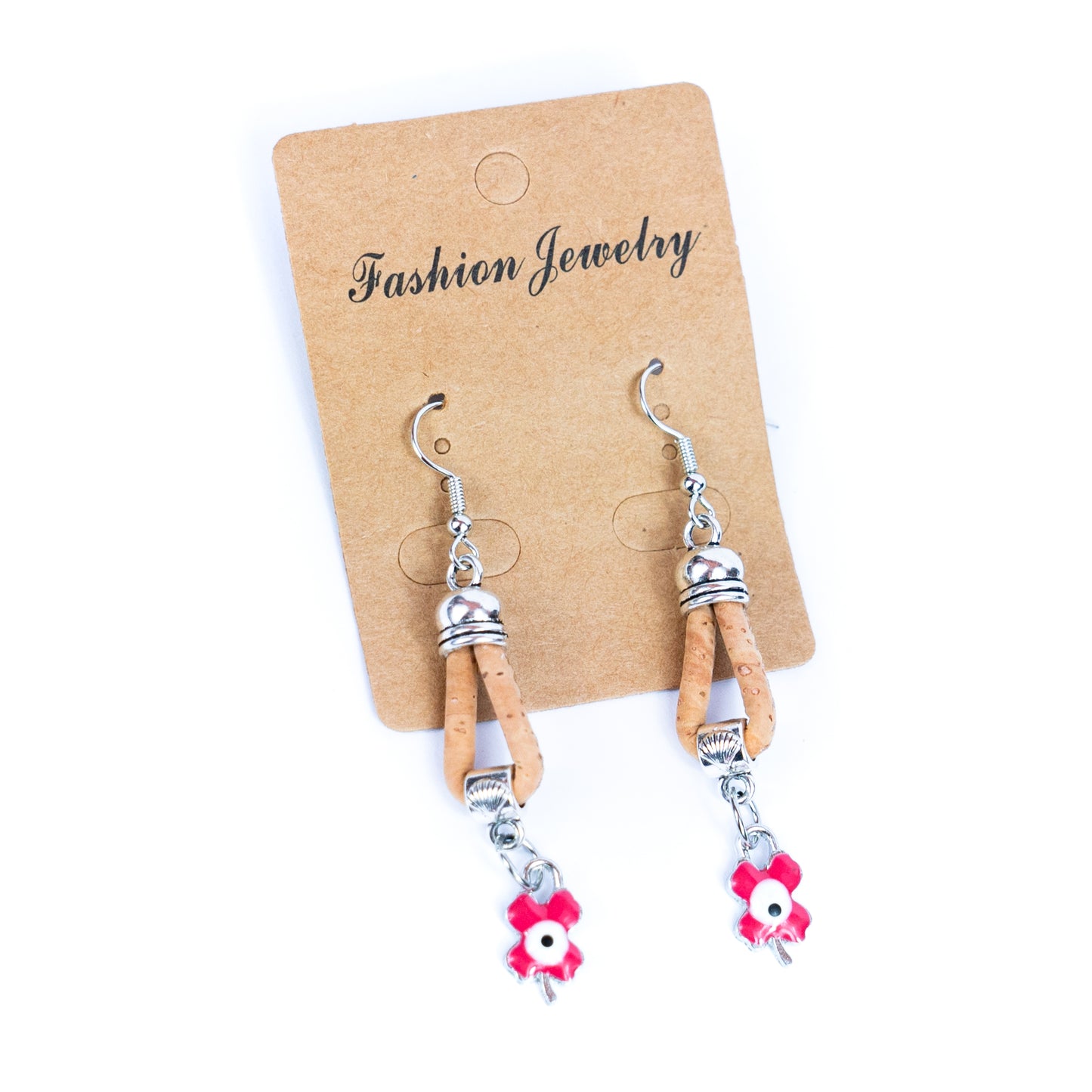 natural cork cord and Pink four-leaf clover pendant handmade earrings-ER-173-5