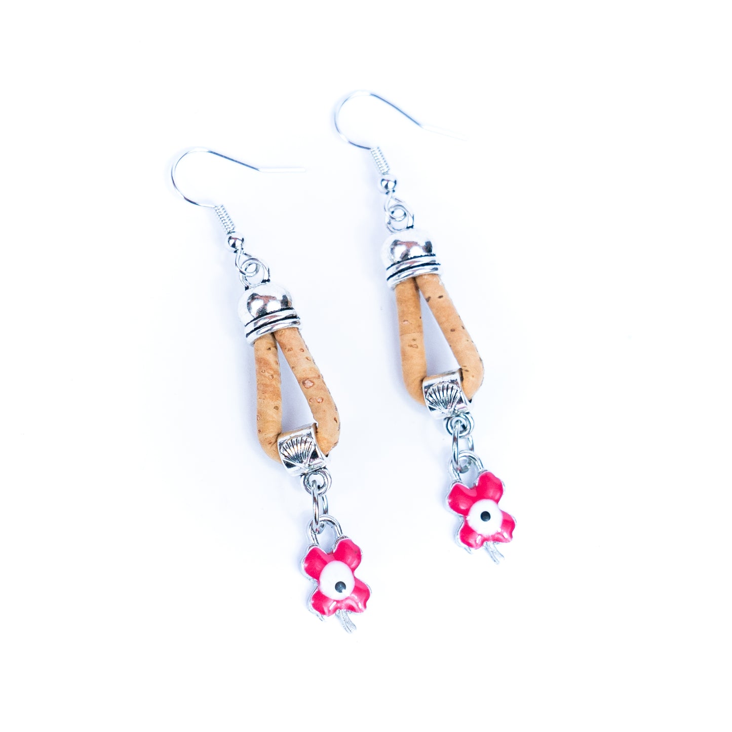 natural cork cord and Pink four-leaf clover pendant handmade earrings-ER-173-5