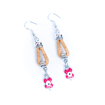 natural cork cord and Pink four-leaf clover pendant handmade earrings-ER-173-5
