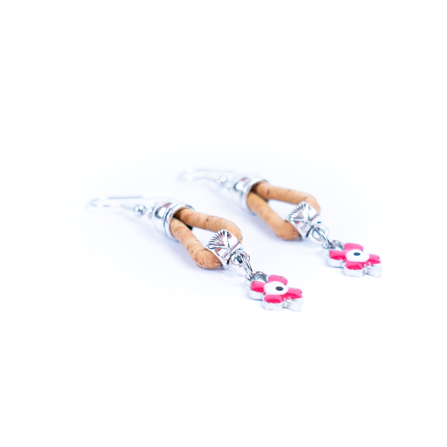 natural cork cord and Pink four-leaf clover pendant handmade earrings-ER-173-5