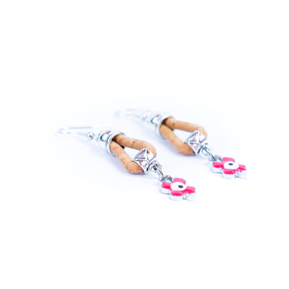 natural cork cord and Pink four-leaf clover pendant handmade earrings-ER-173-5