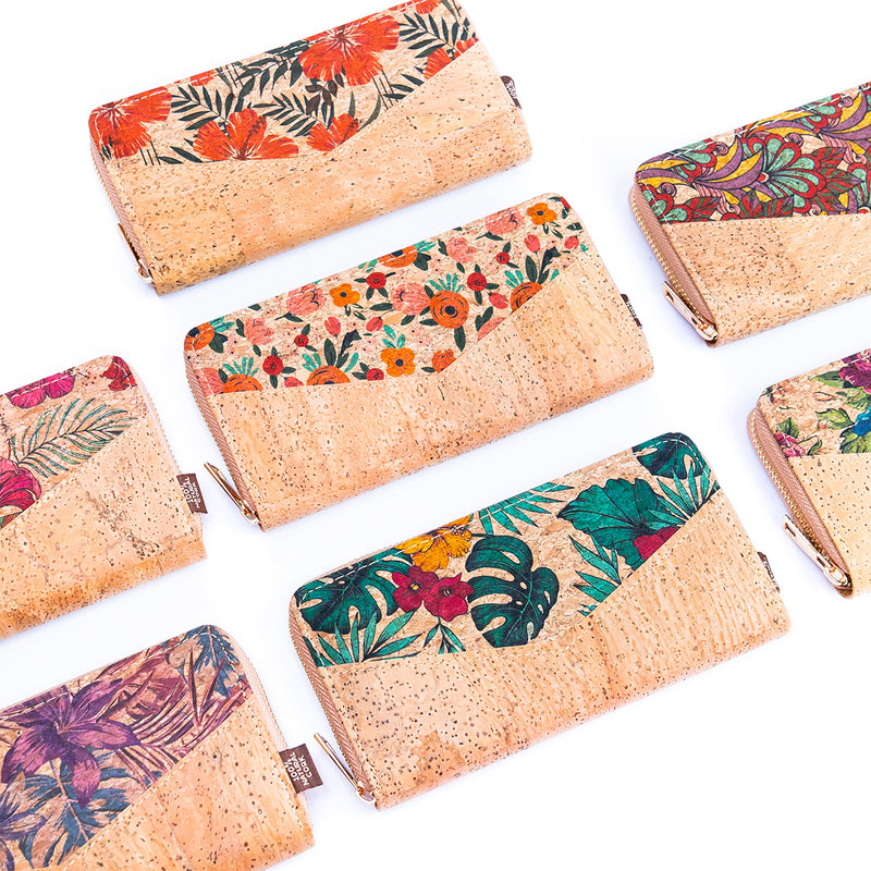 Flowers patterns natural cork women zipper card wallet BAG-2337