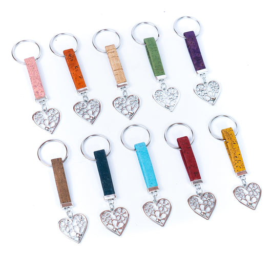 colored cork cord and heart pendant handmade cork keychain  I-012-MIX-10