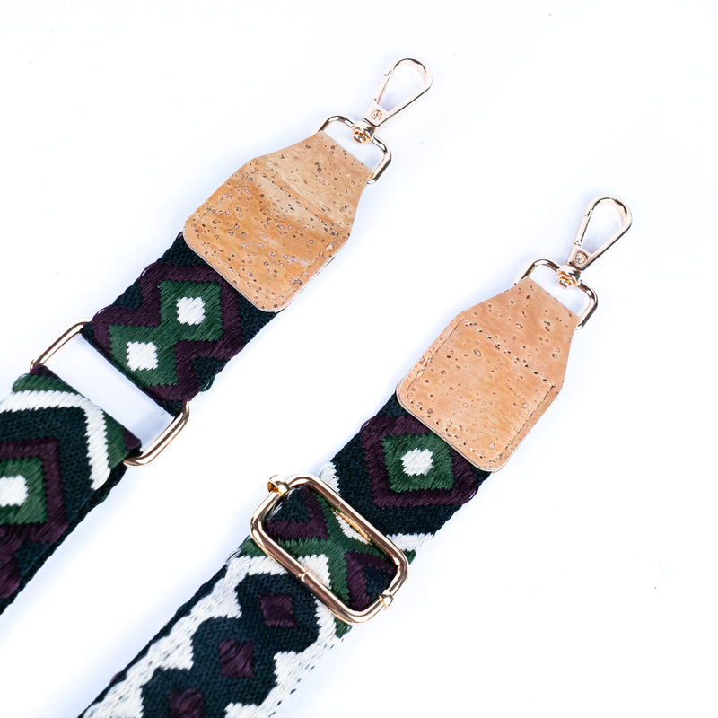 Bohemian Cork-Enhanced Striped Webbing Strap with Gold-Toned Hardware L-1068