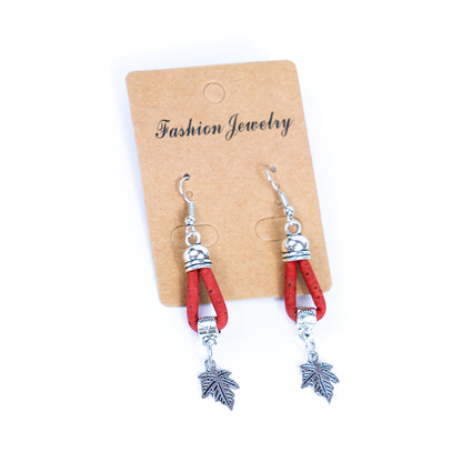natural cork cord and maple leaf pendant handmade earrings-ER-174-MIX-5