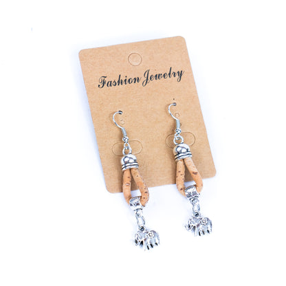 natural cork cord and elephant pendant handmade earrings-ER-176-MIX-5