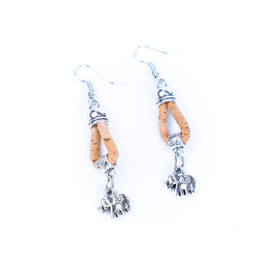 natural cork cord and elephant pendant handmade earrings-ER-176-MIX-5