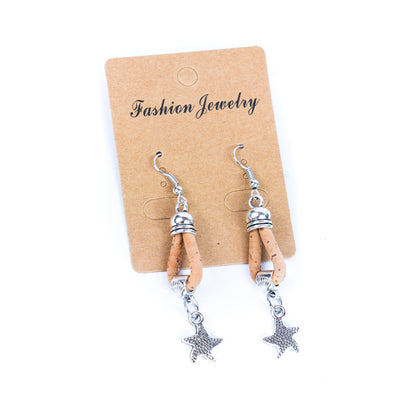 natural cork cord and starfish pendant handmade earrings-ER-177-MIX-5