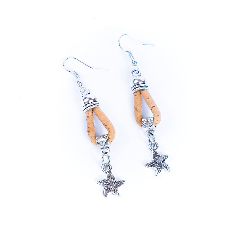 natural cork cord and starfish pendant handmade earrings-ER-177-MIX-5