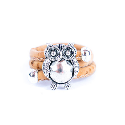 Handcrafted women's fashion ring with natural cork wire and owl alloy hardware! RW-048-AB-10