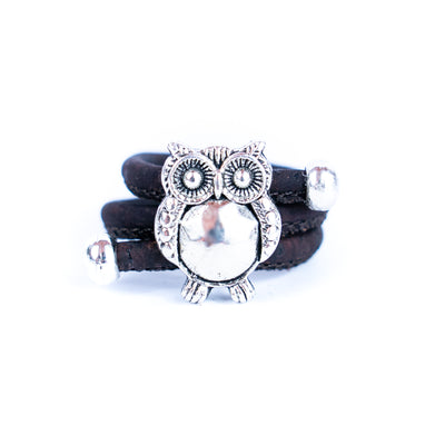 Handcrafted women's fashion ring with natural cork wire and owl alloy hardware! RW-048-AB-10
