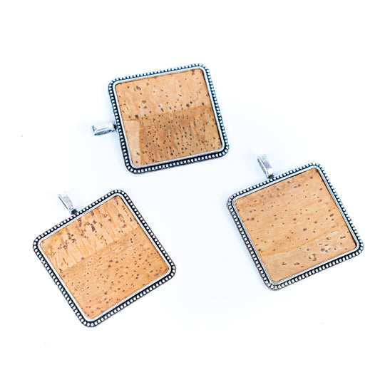 3pcs antique silverSquare alloy hangtag with cork fabric inlaid in the middle. jewelry finding suppliers D-3-551-A