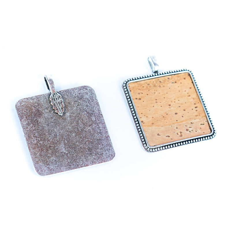 3pcs antique silverSquare alloy hangtag with cork fabric inlaid in the middle. jewelry finding suppliers D-3-551-A