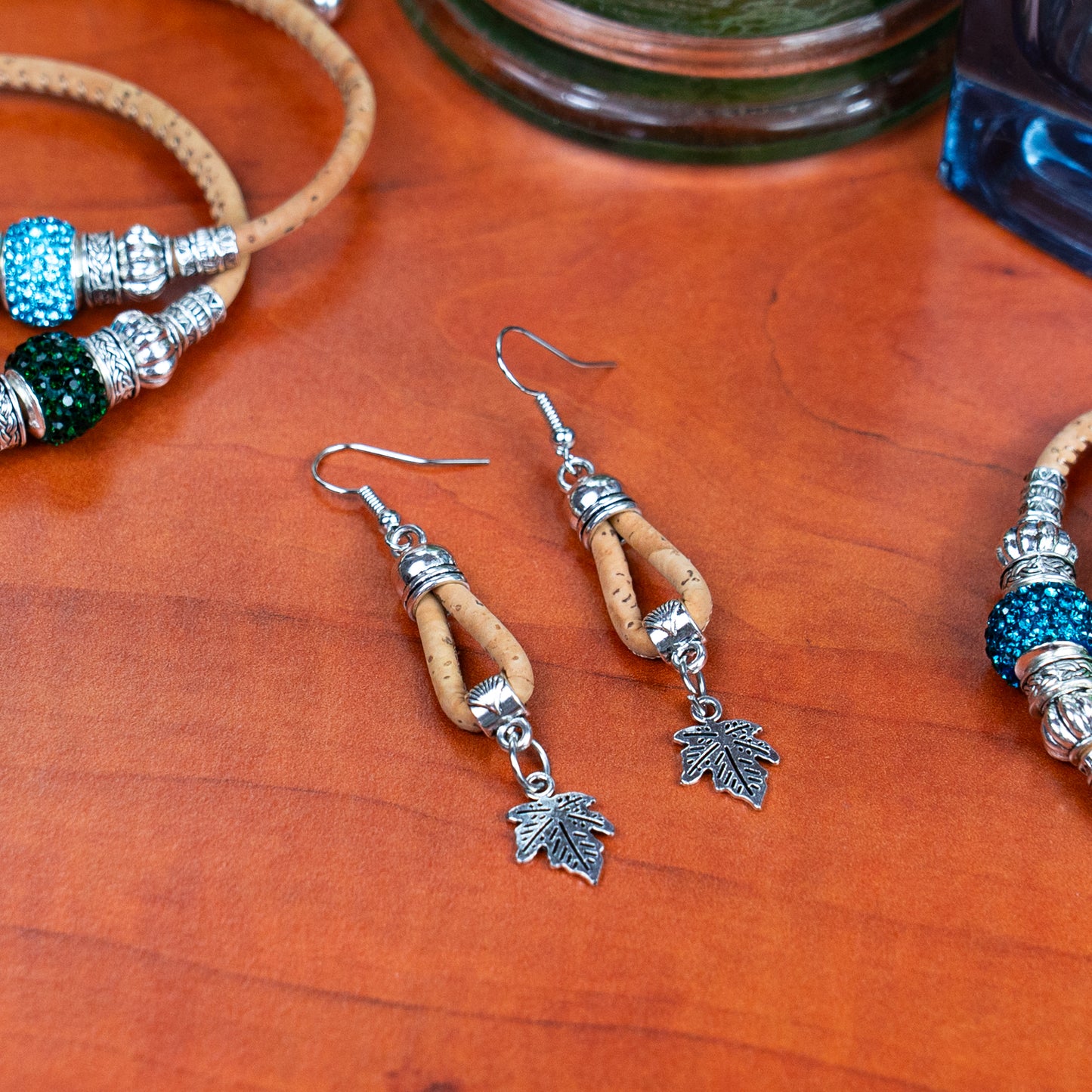 natural cork cord and maple leaf pendant handmade earrings-ER-174-MIX-5