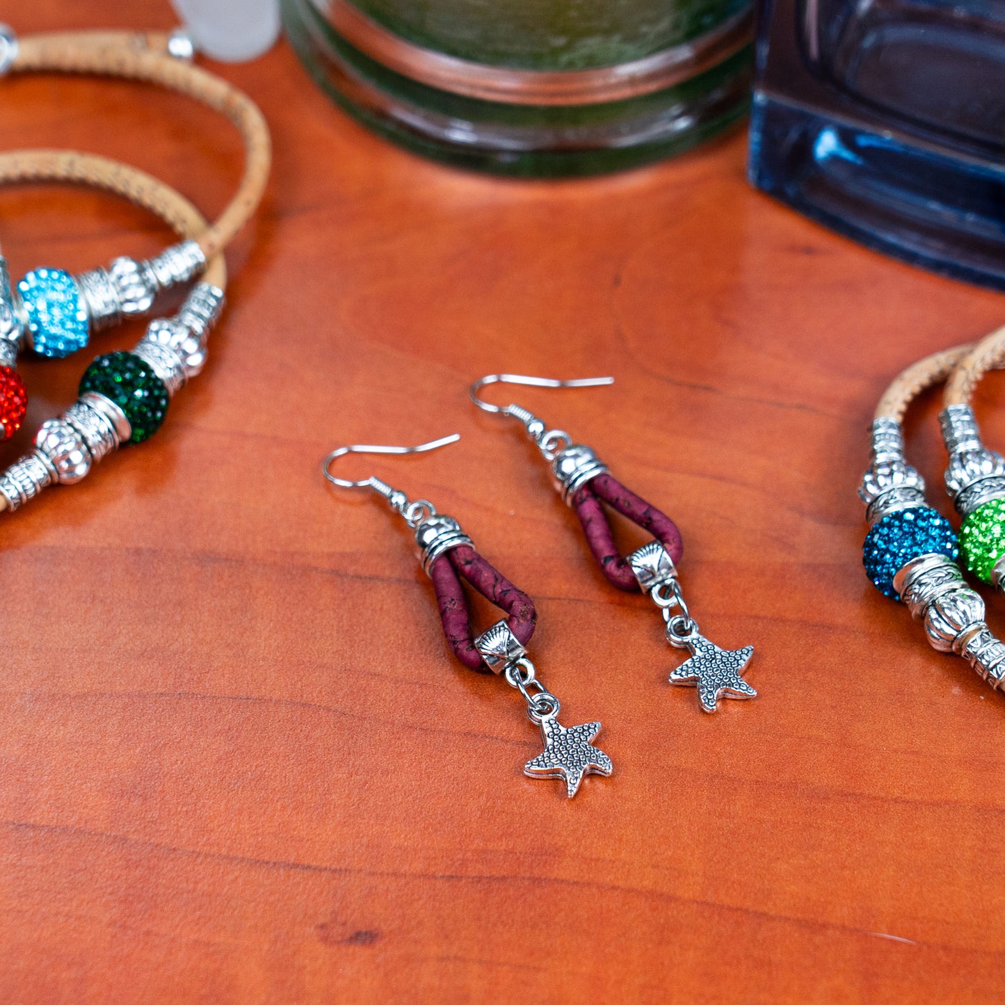 natural cork cord and starfish pendant handmade earrings-ER-177-MIX-5
