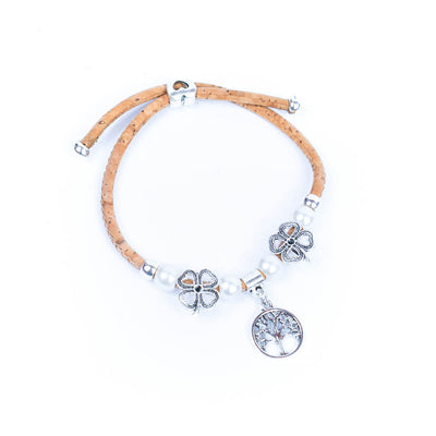 Handmade women's bracelet with natural colored cork wire and alloy accessories BR-050-MIX-10