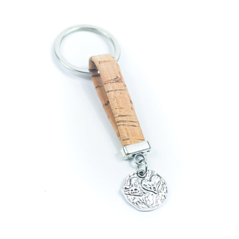 Natural colored cork cord and heart pendant handmade keychain  I-0C-MIX-10