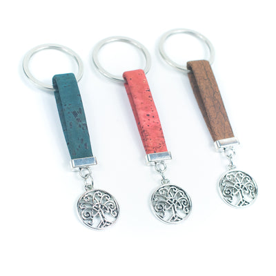 Natural colored cork cord and tree pendant handmade keychain  I-0D-MIX-10
