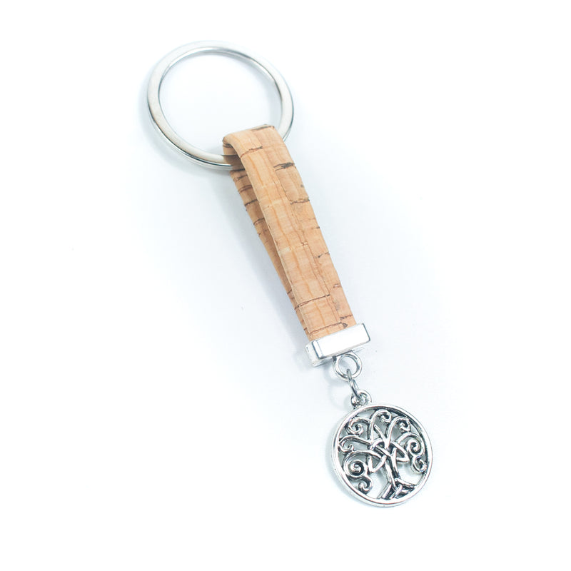 Natural colored cork cord and tree pendant handmade keychain  I-0D-MIX-10