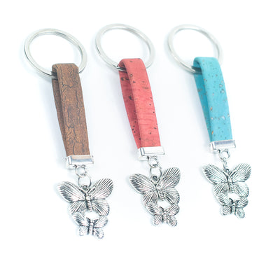 Natural colored cork cord and Butterfly pendant handmade keychain  I-0E-MIX-10