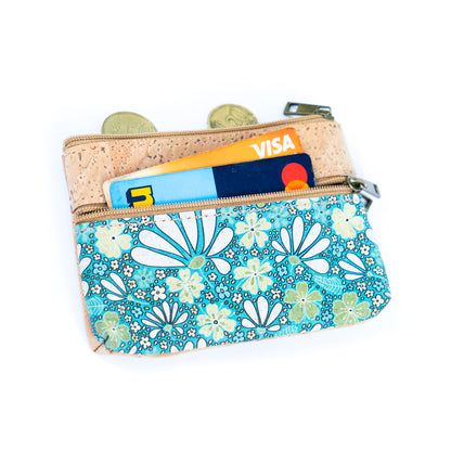 Triple Zip Printed Cork Women's Coin Purse with Floral and Mosaic Designs BAG-2325