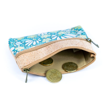 Triple Zip Printed Cork Women's Coin Purse with Floral and Mosaic Designs BAG-2325