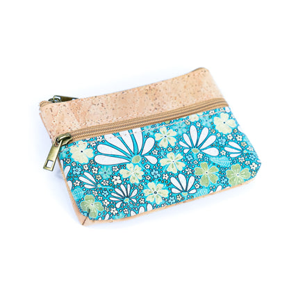 Triple Zip Printed Cork Women's Coin Purse with Floral and Mosaic Designs BAG-2325