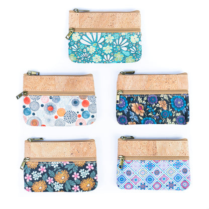 Triple Zip Printed Cork Women's Coin Purse with Floral and Mosaic Designs BAG-2325