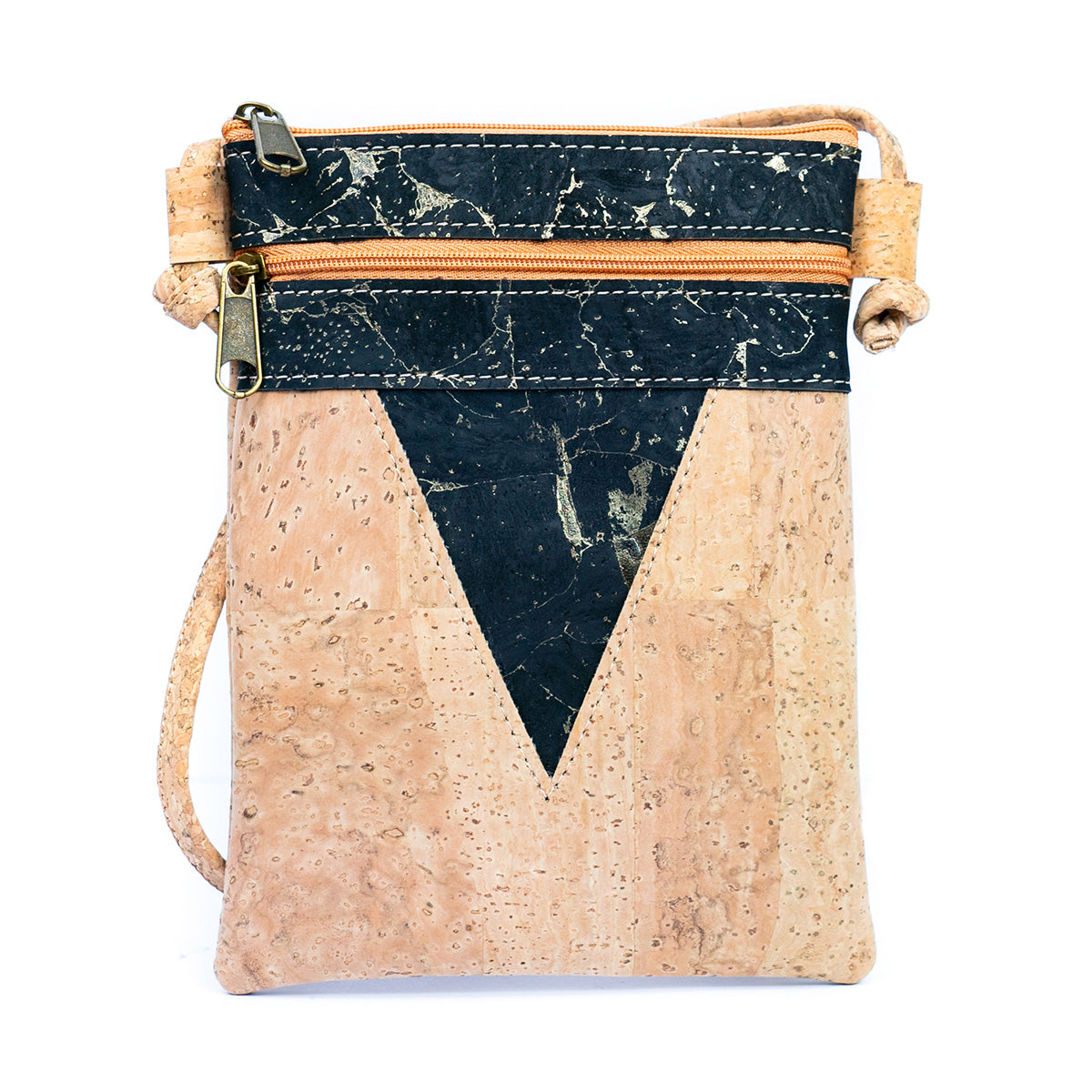 Triangle-Cut Natural Cork Women's Crossbody Bag with 2 Zipper Compartments BAGP-272-MIX-4 (4units)