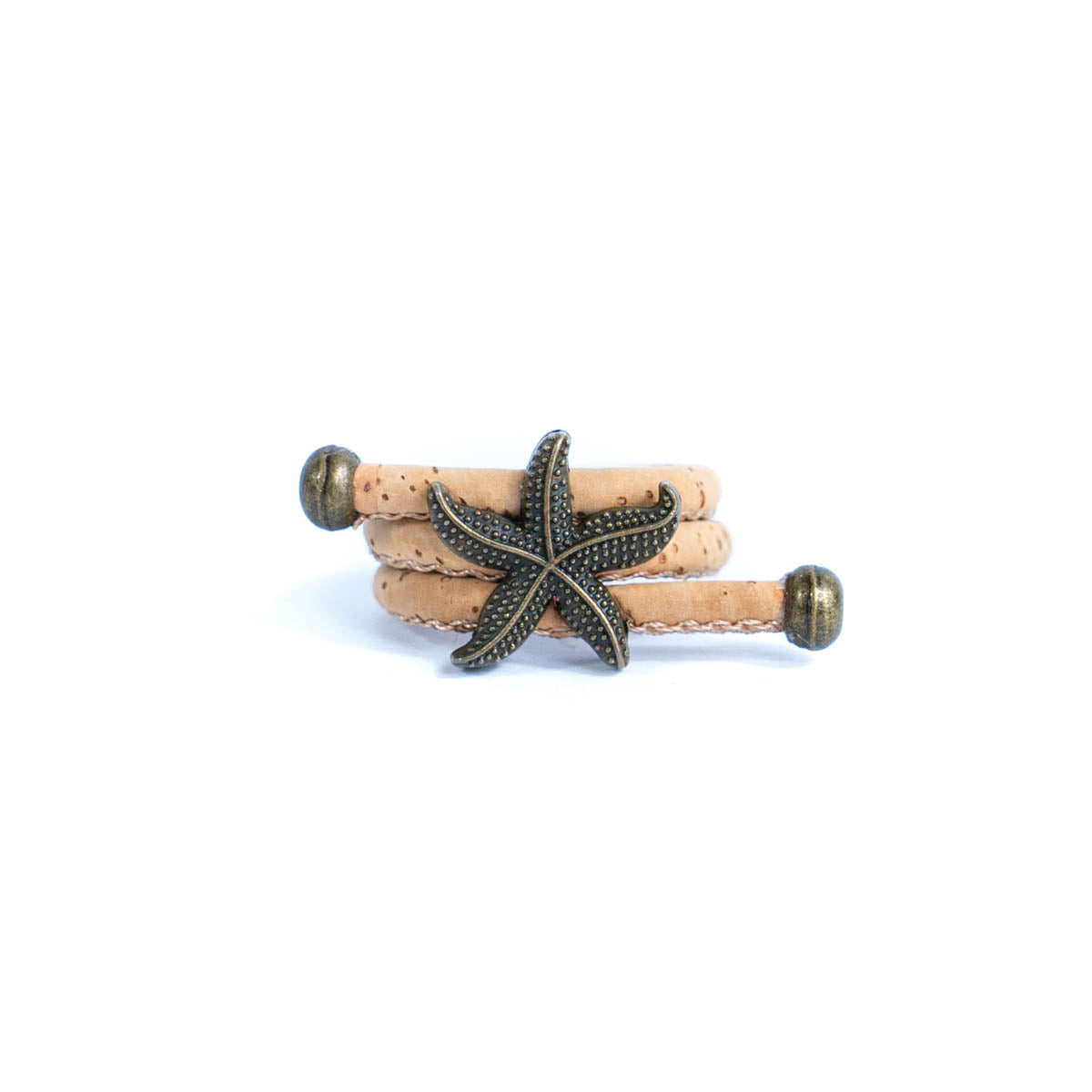 Handcrafted women's ring with natural cork cord and bronze starfish alloy hardware  RW-042