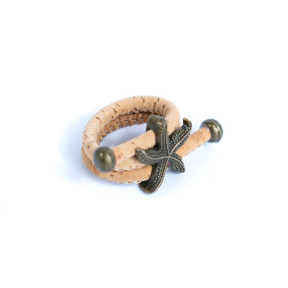 Handcrafted women's ring with natural cork cord and bronze starfish alloy hardware  RW-042