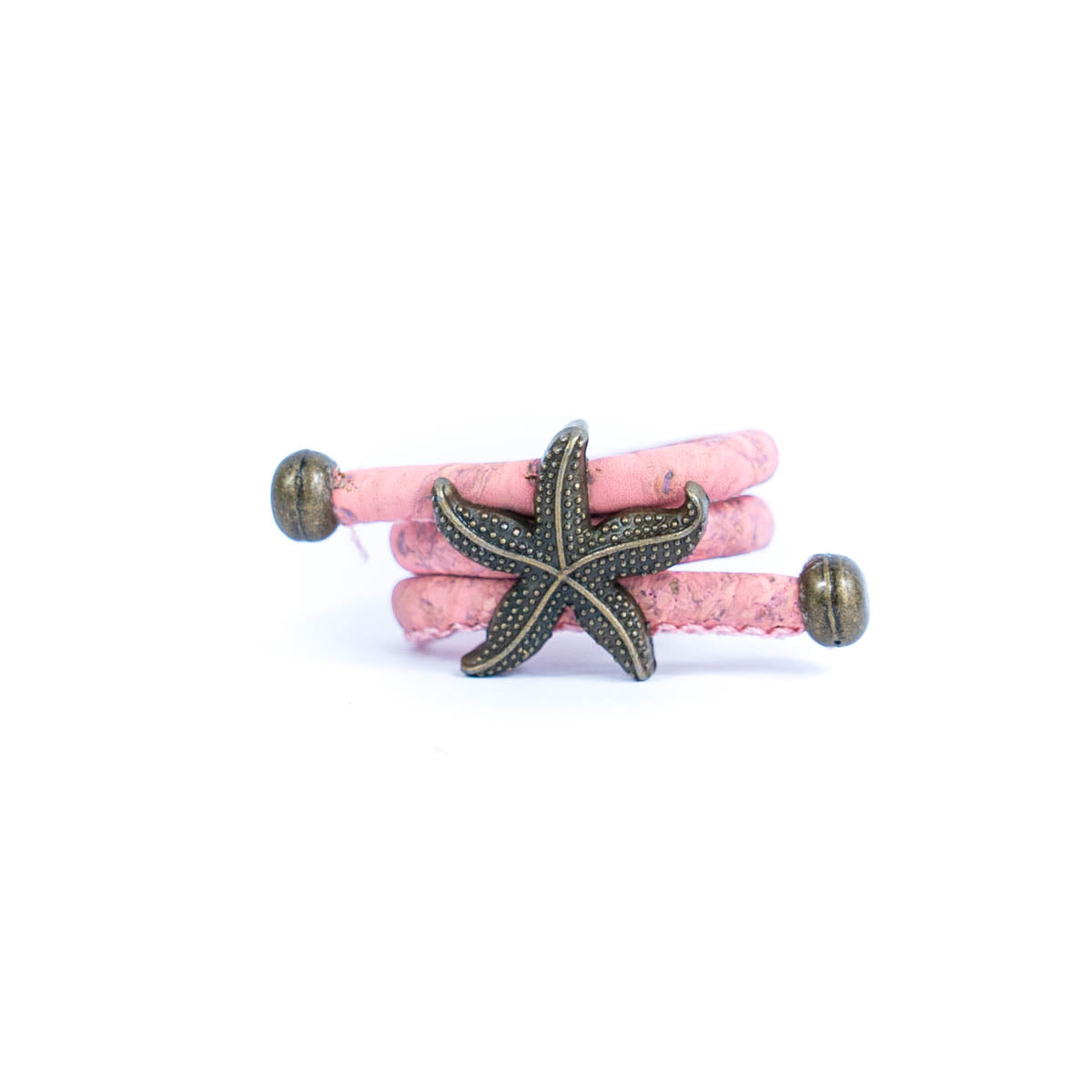 Handcrafted women's ring with natural cork cord and bronze starfish alloy hardware  RW-042