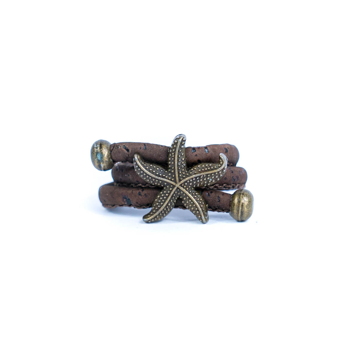 Handcrafted women's ring with natural cork cord and bronze starfish alloy hardware  RW-042