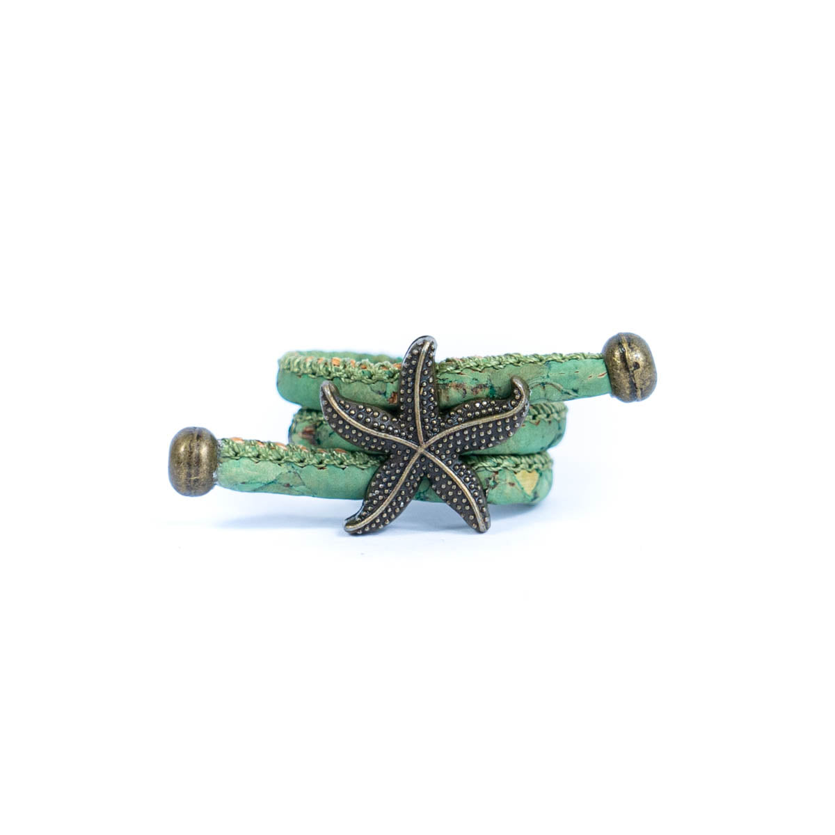 Handcrafted women's ring with natural cork cord and bronze starfish alloy hardware  RW-042