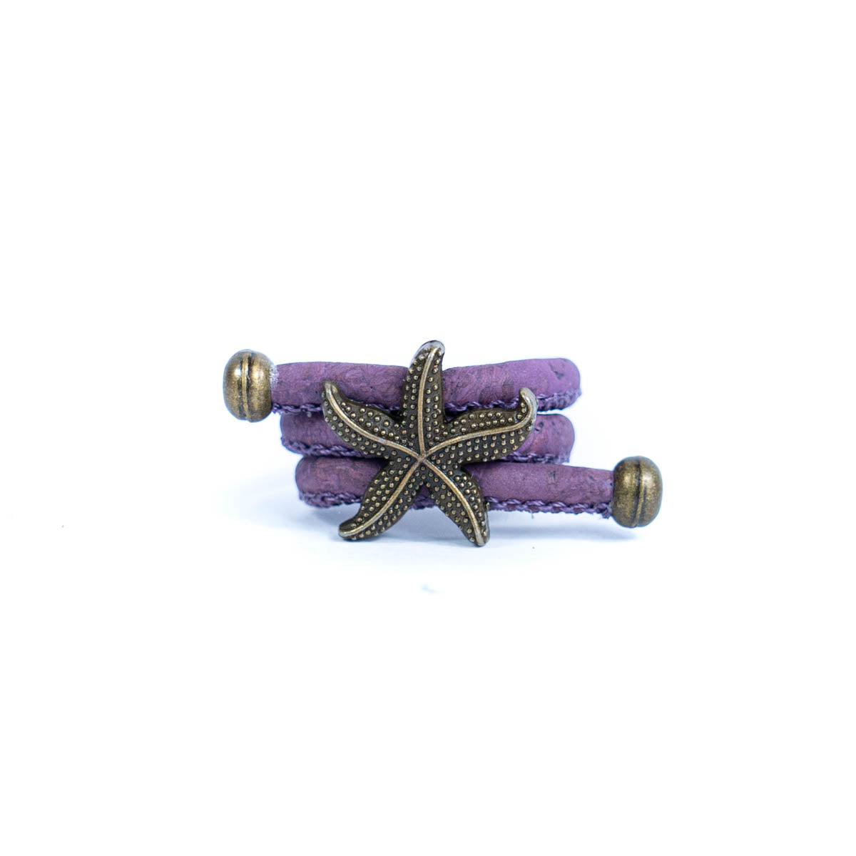 Handcrafted women's ring with natural cork cord and bronze starfish alloy hardware  RW-042