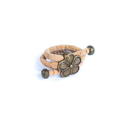 Natural cork cord and bronze Flowers alloy hardware handmade women's ring  RW-044-A-10