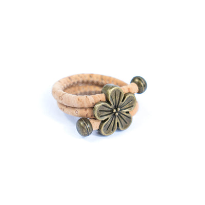 Natural cork cord and bronze Flowers alloy hardware handmade women's ring  RW-046-A-10